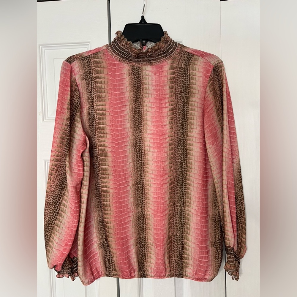Sweet Pea Pink and Brown Crocodile Patterned Top Oversized Small Smocked Neck